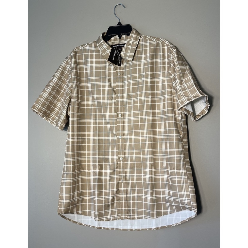 Michael Kors Men's short-sleeve button-down shirt White/ Tan Plaid Pattern Sz M